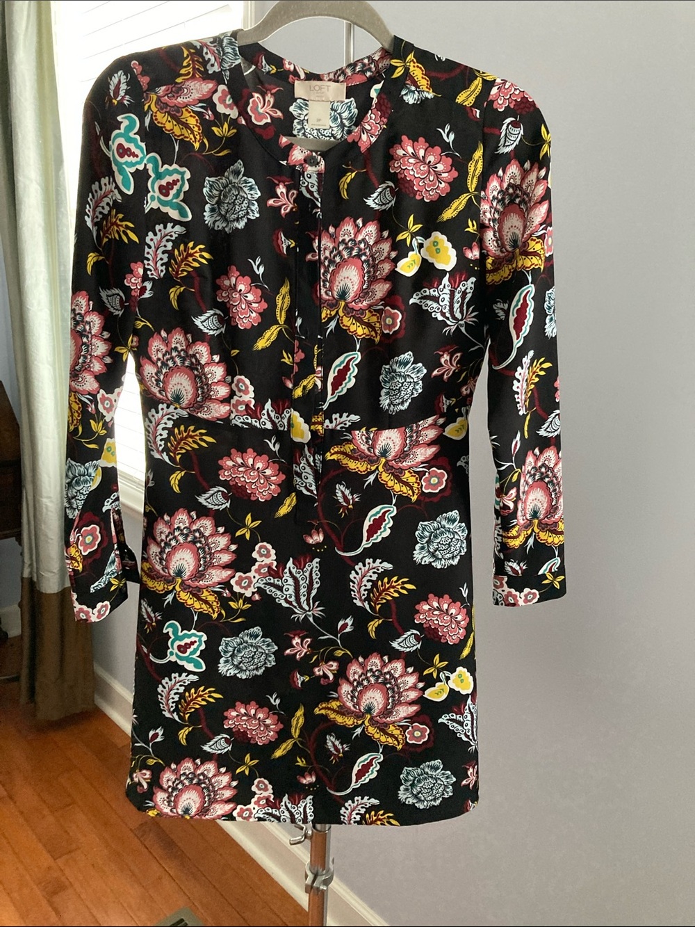 LOFT Black Floral Long Sleeve Shift Dress with Pink, Yellow and Teal Accents